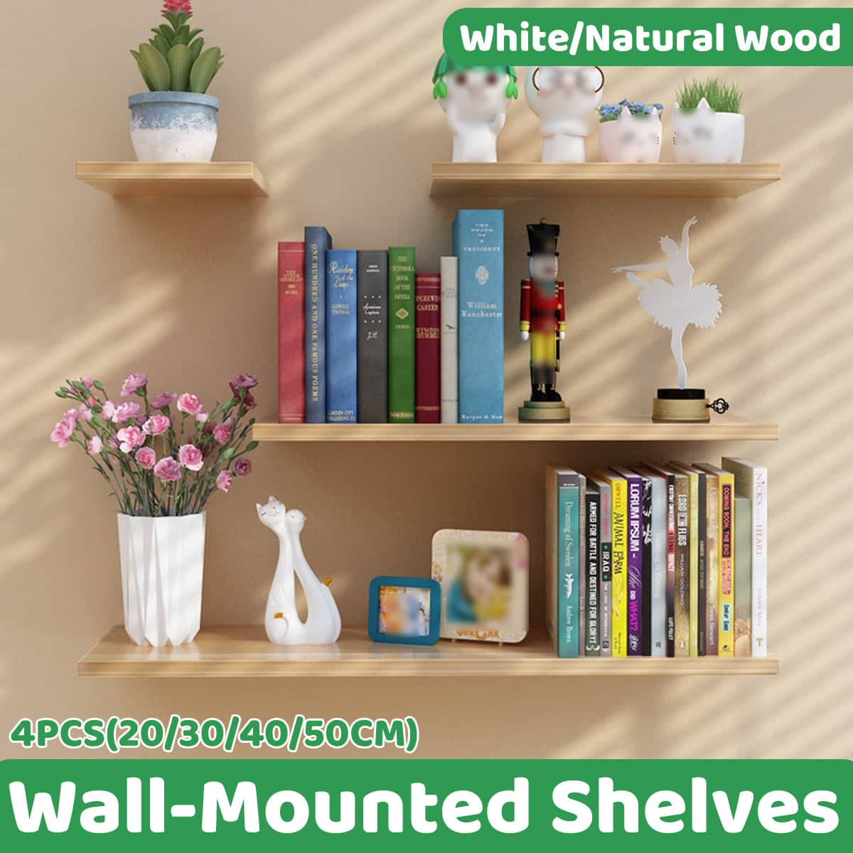 Set of 4 Wall Mounted Floating Shelves, Waterproof Laminate - Natural Wood - view 2