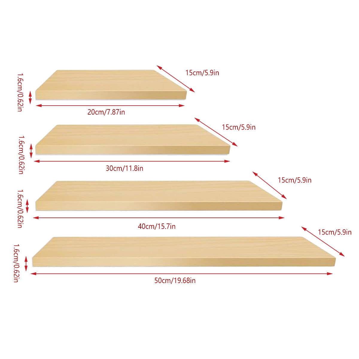 Set of 4 Wall Mounted Floating Shelves, Waterproof Laminate - Natural Wood - view 4