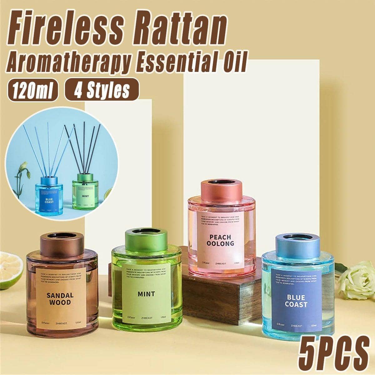 Set of 5 Rattan Reed Diffusers, 120 ml Fireless Aromatherapy Home Fragrance - Mint - view 2