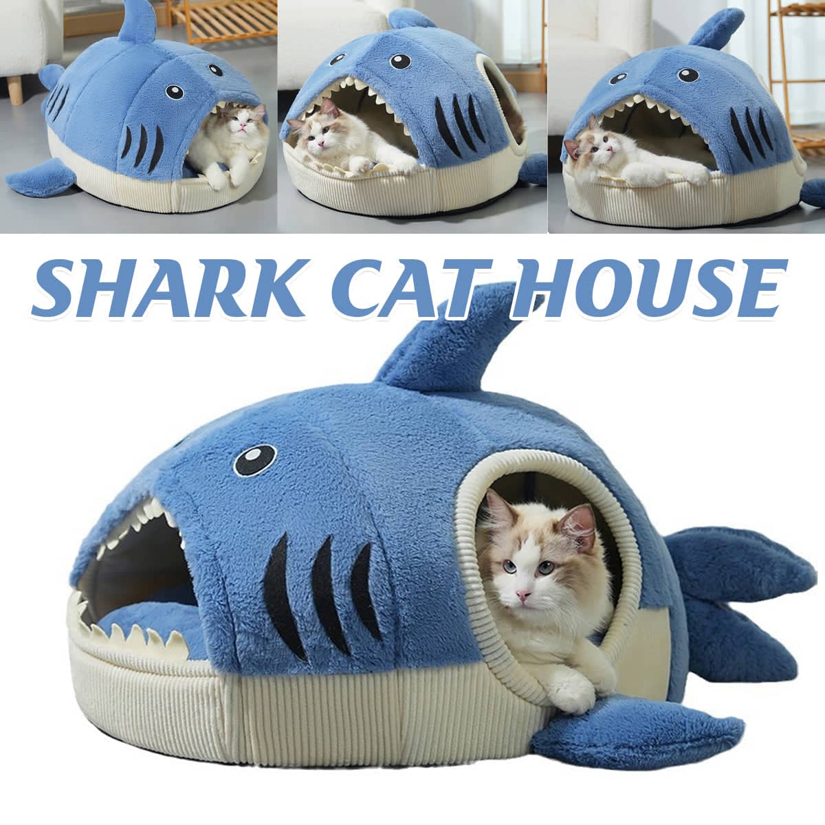 Shark Cat Bed Cave for Cats and Small Dogs - Blue