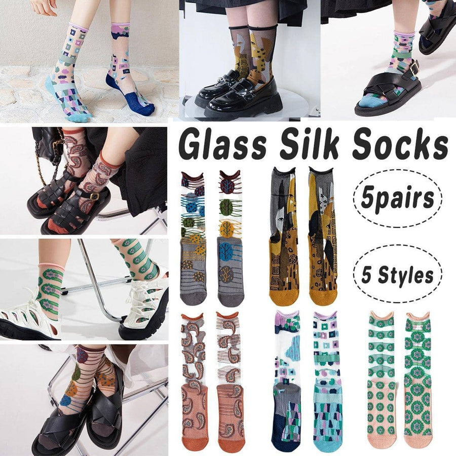 Sheer Glass Silk Socks with Abstract Prints, Unisex, Pack of 5 Pairs