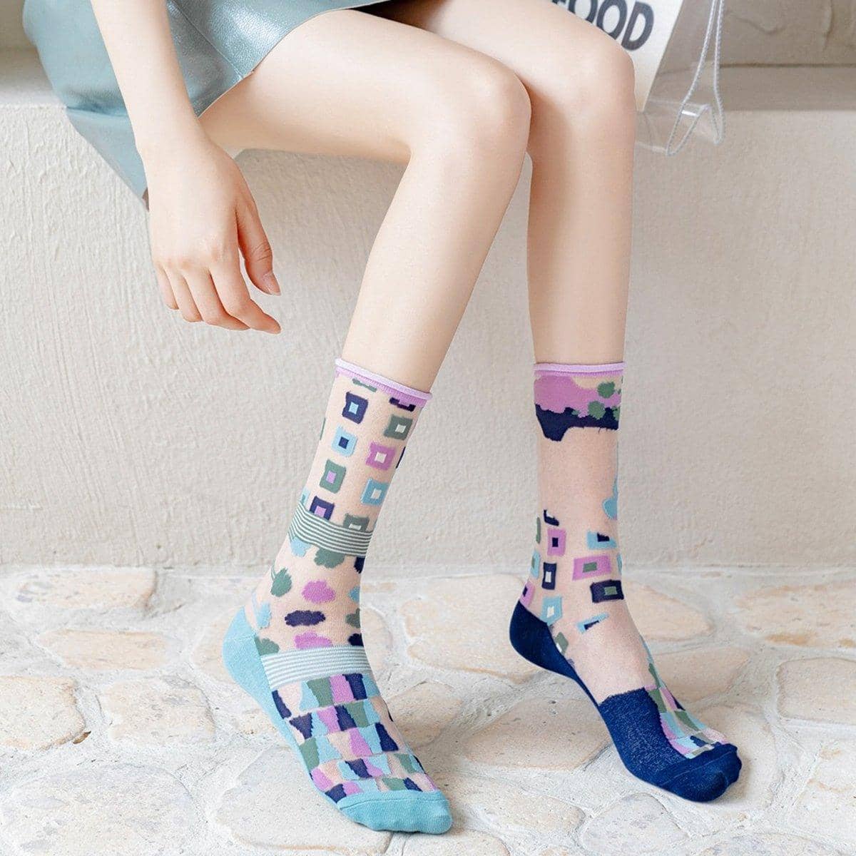 Sheer Glass Silk Socks with Abstract Prints, Unisex, Pack of 5 Pairs - view 3