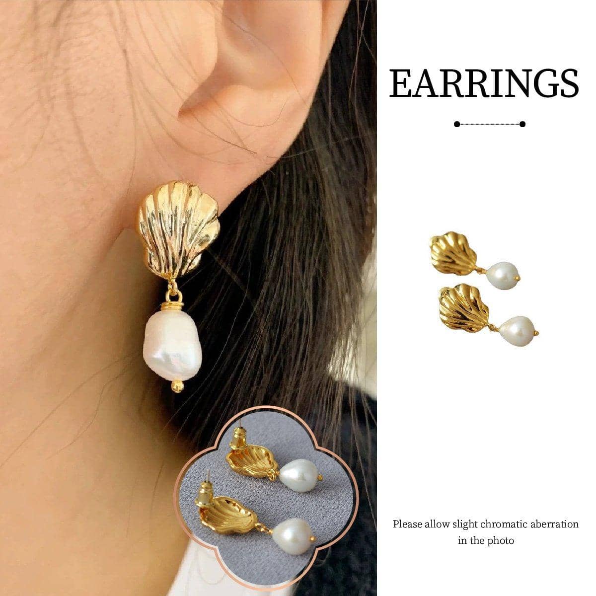 Shell Stud Earrings with Pearl Drop in Copper for Women