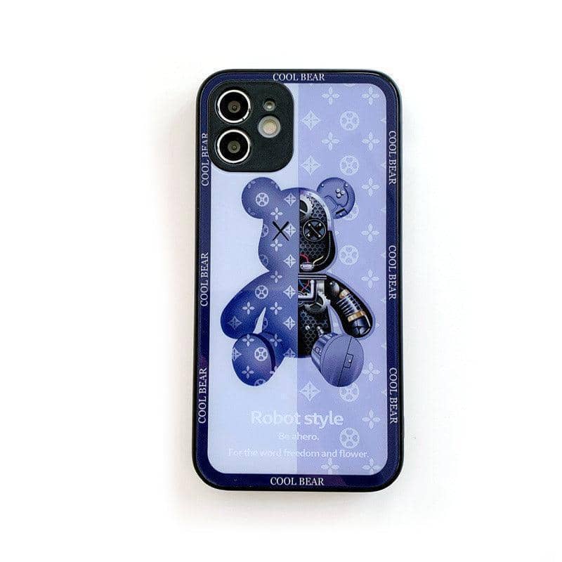 Shockproof Glass Phone Case with Lanyard, Blue Robot Bear - iPhone 14 Pro Max