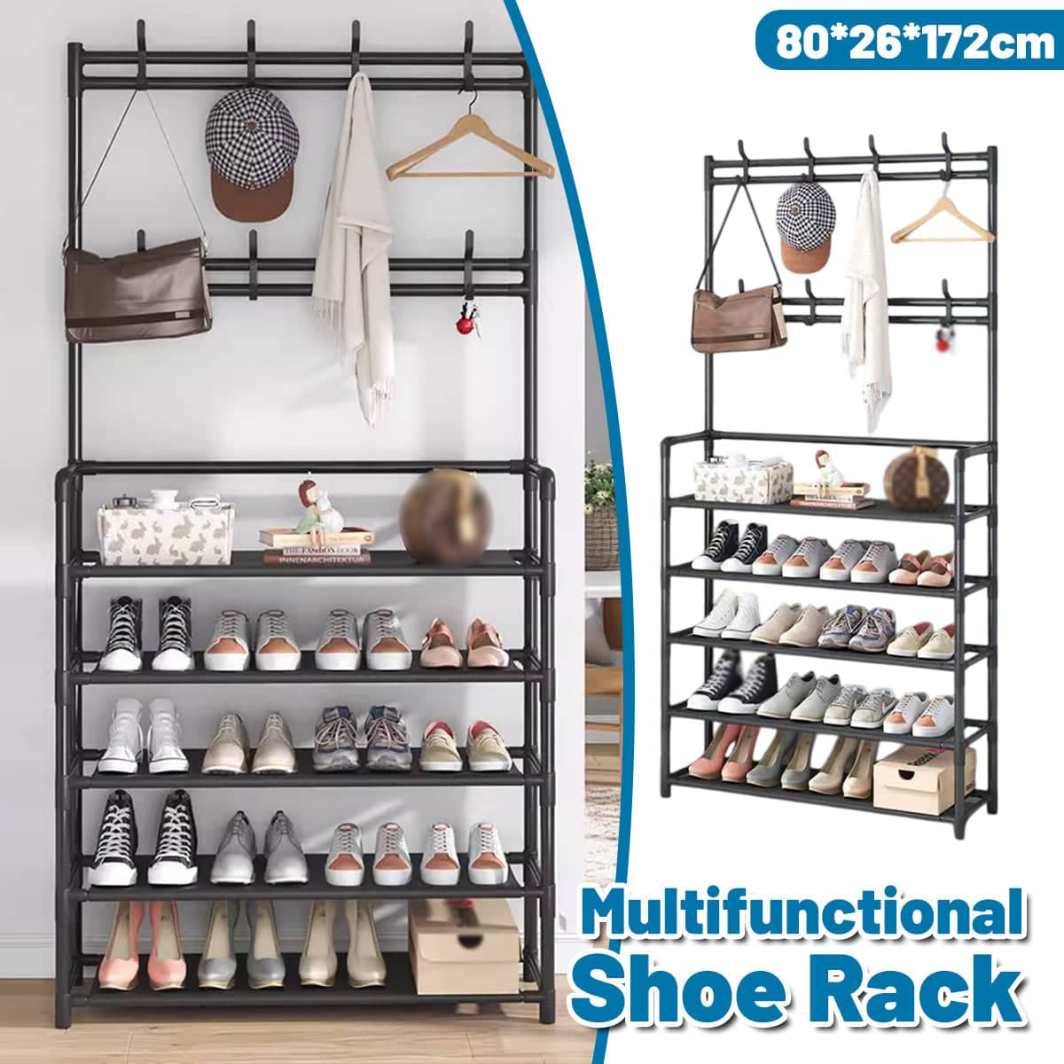 Shoe and Coat Rack with Open Shelves and Hooks, 80 x 26 x 172 cm
