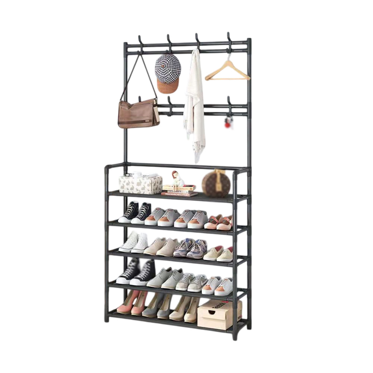 Shoe and Coat Rack with Open Shelves and Hooks, 80 x 26 x 172 cm - view 2