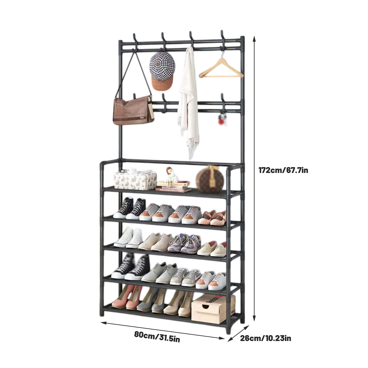 Shoe and Coat Rack with Open Shelves and Hooks, 80 x 26 x 172 cm - view 3
