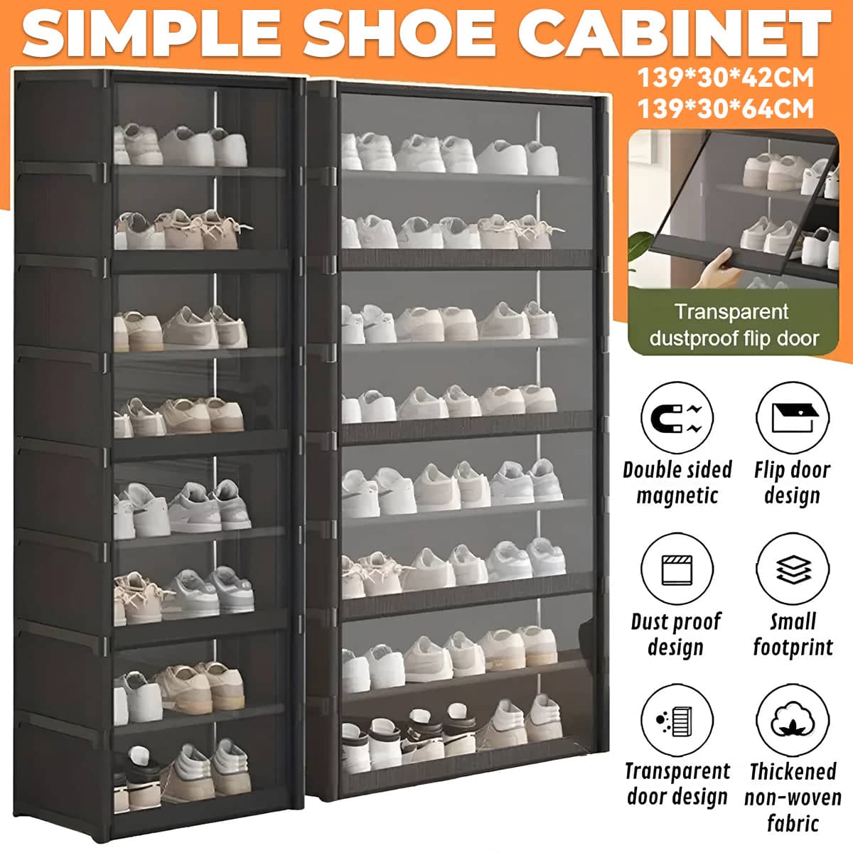 Shoe Cabinet with Transparent Doors, 8 Tier - Black, 139 x 30 x 42cm - view 2