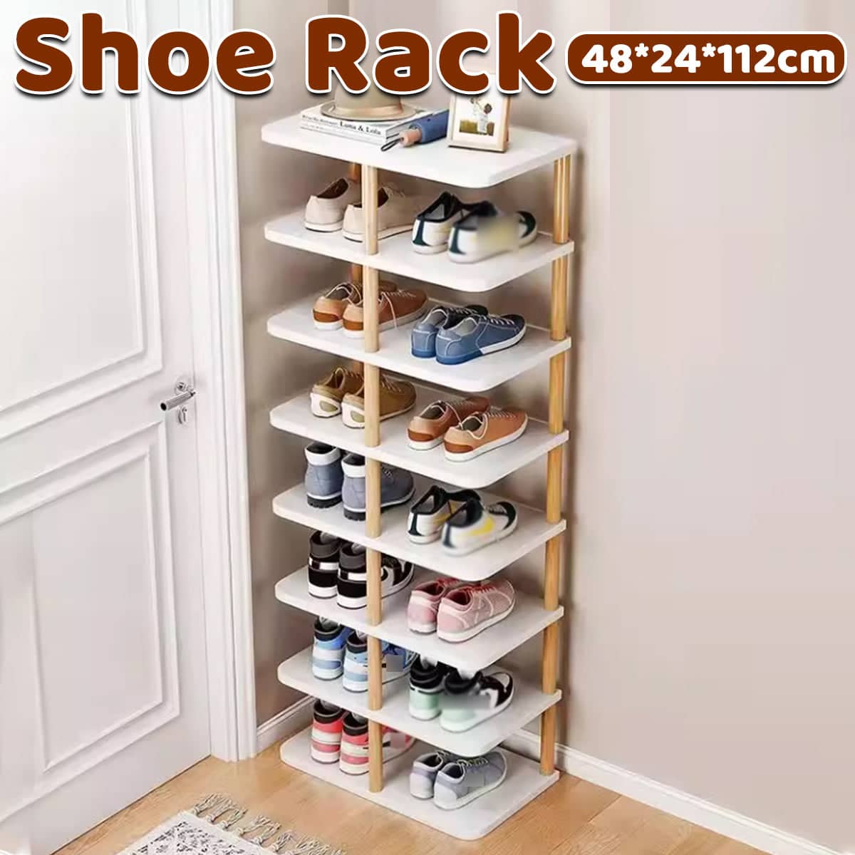 Shoe Rack 8 Tier Faux Wood Narrow Vertical Space Saving Storage for 14 Pairs