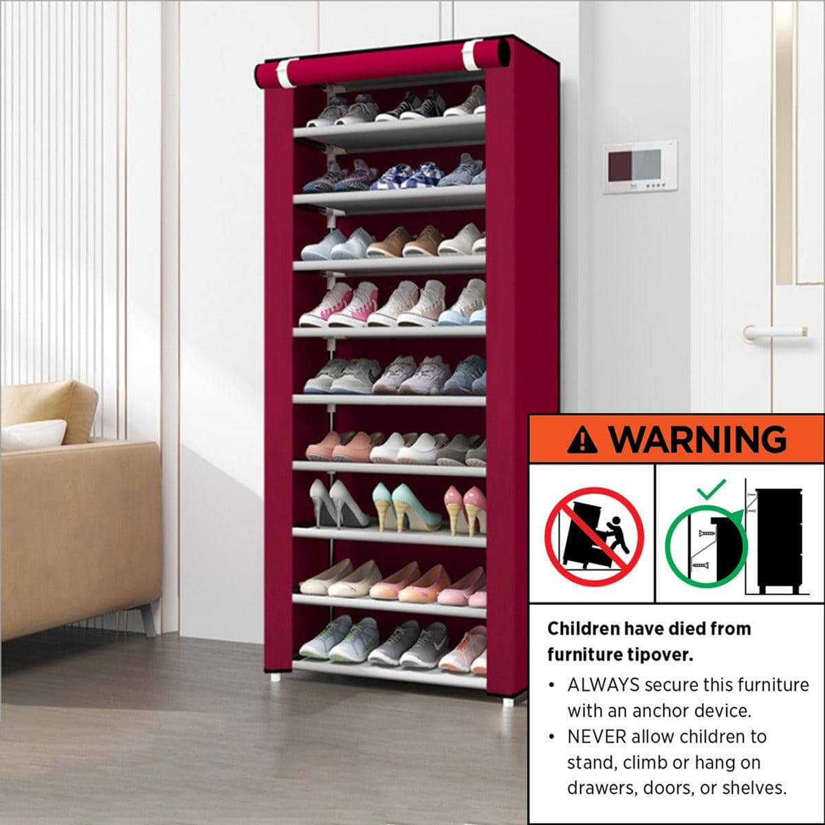 Shoe Rack Storage Cabinet with Dust-Proof Cover - Black, 10 Floors, 9 Grids - view 4