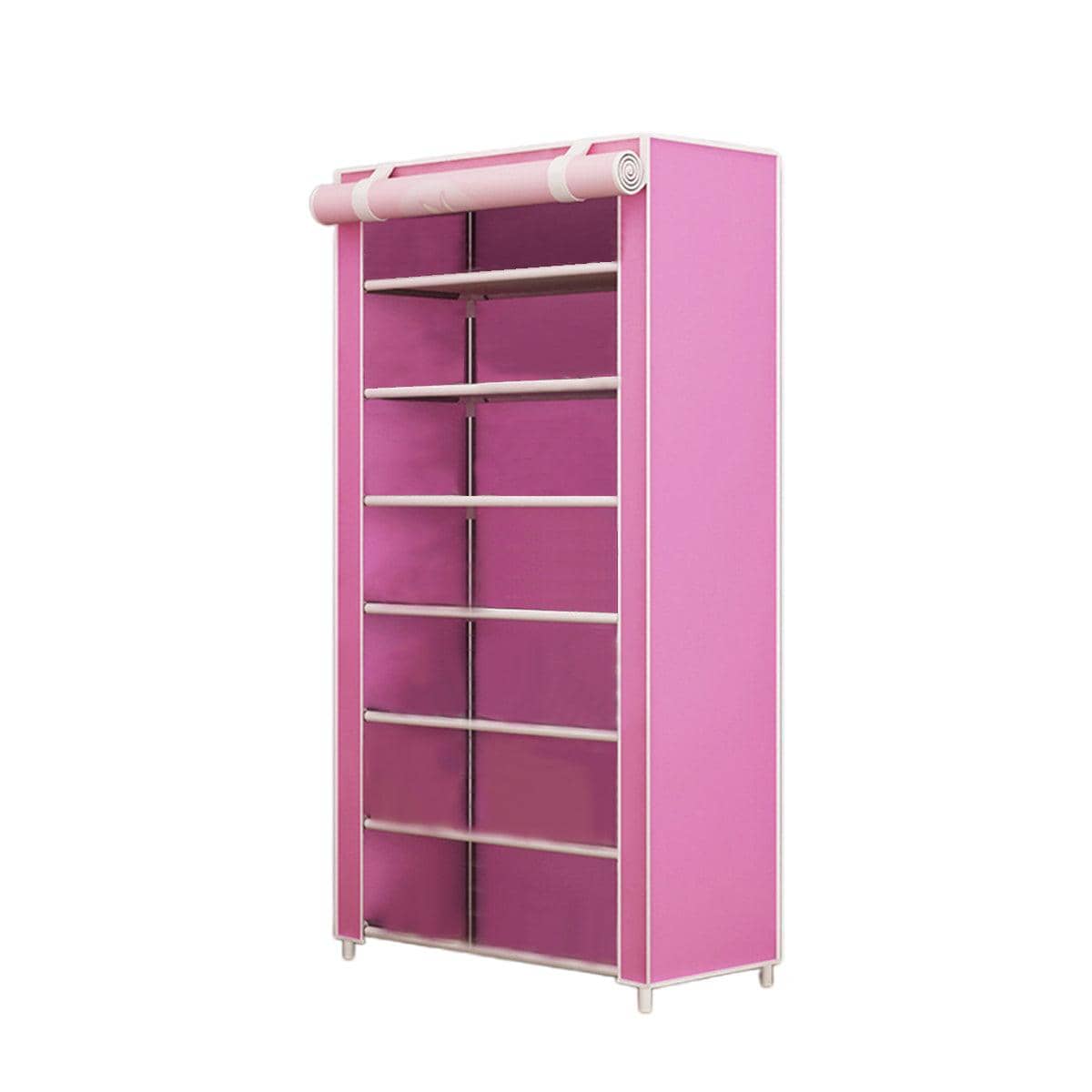 Shoe Rack Storage Cabinet with Dust-Proof Cover - Pink, 8 Floors, 7 Grids