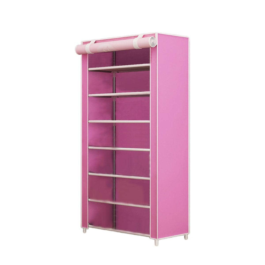 Shoe Rack Storage Cabinet with Dust-Proof Cover - Pink, 8 Floors, 7 Grids