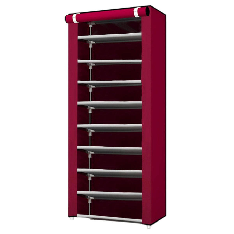Shoe Rack Storage Cabinet with Dust-Proof Cover - Red, 10 Floors, 9 Grids