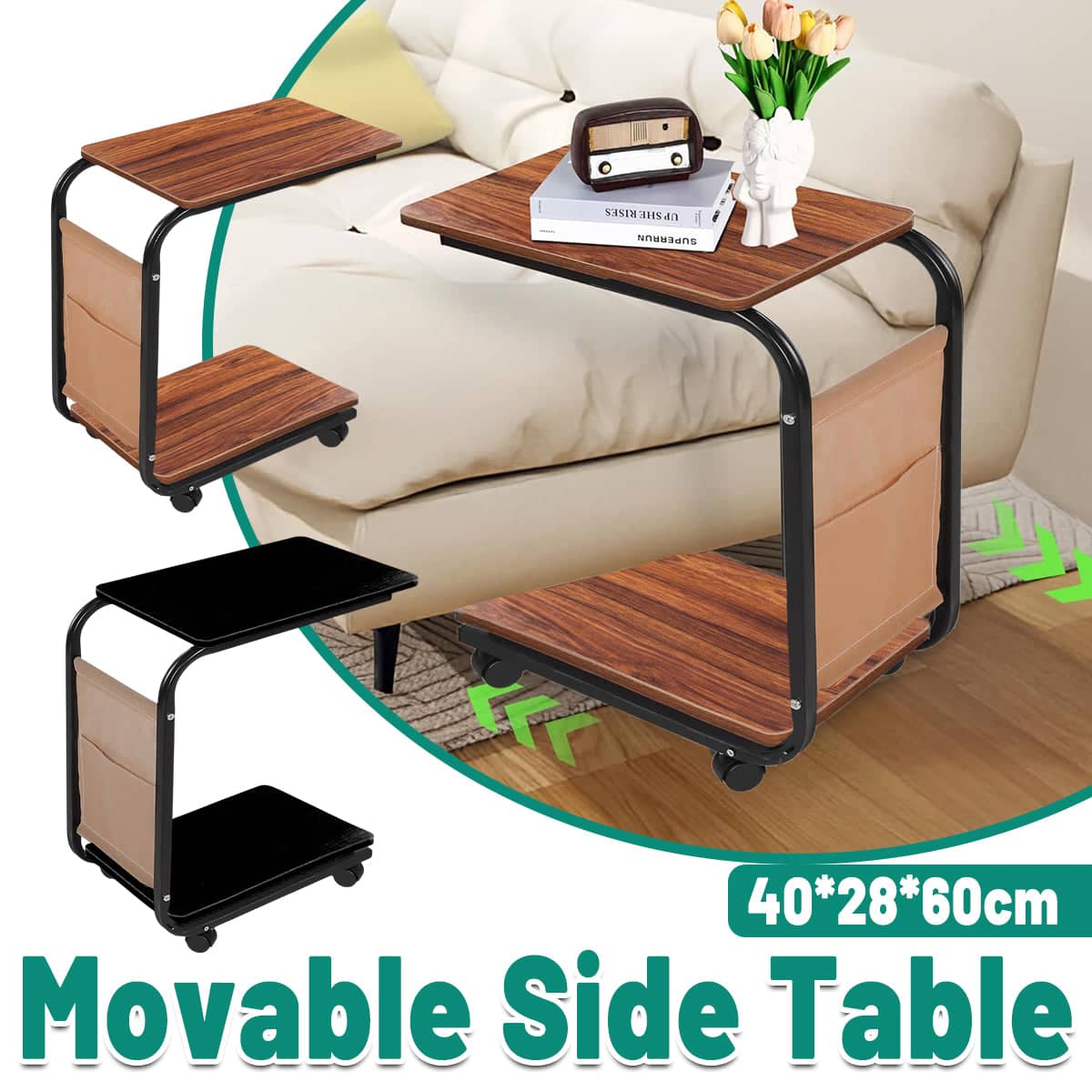 Side Table with Wheels and Storage Bag, 40 x 28 x 60 cm - Black - view 2