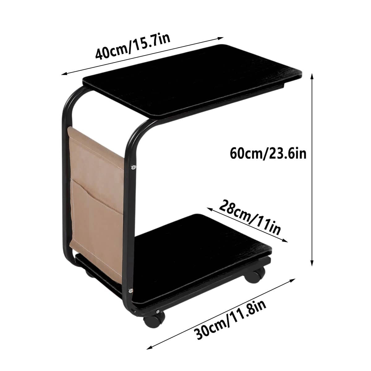 Side Table with Wheels and Storage Bag, 40 x 28 x 60 cm - Black - view 4