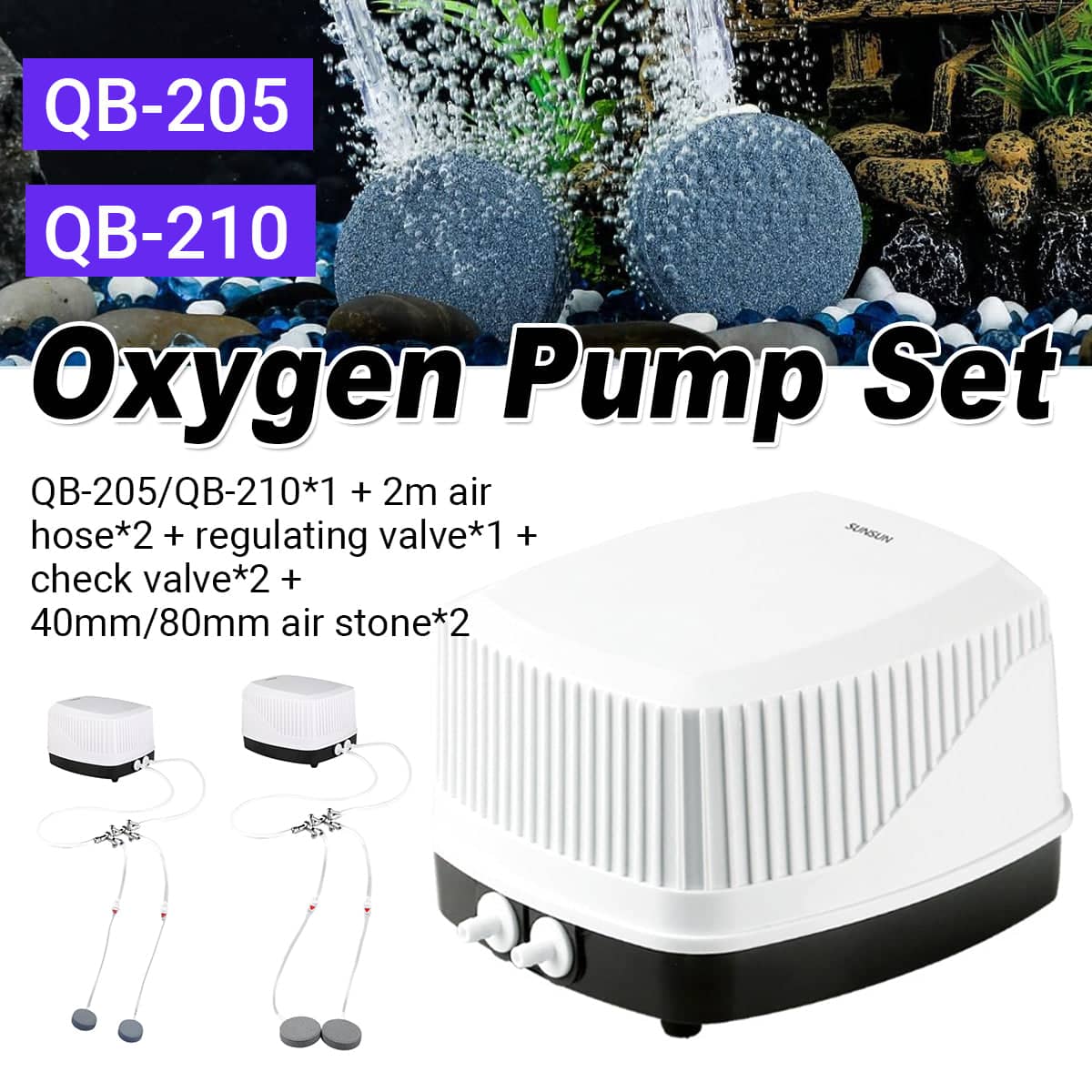 Silent Aquarium Oxygen Pump Set with Air Stones, 12 L/Min, 5 W - White and Black - view 2