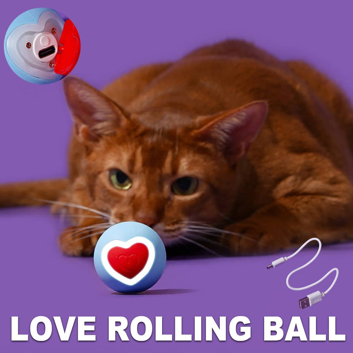 Silent Rolling Ball Cat Toy for Kittens, Interactive Teething Chew with Heart Light