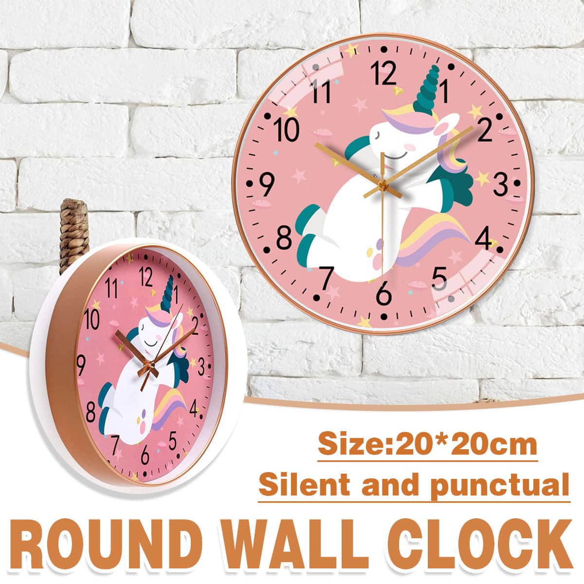 Silent Round Wall Clock 8 Inch (20 cm), Unicorn Design Quartz Clock for Bedroom and Classroom