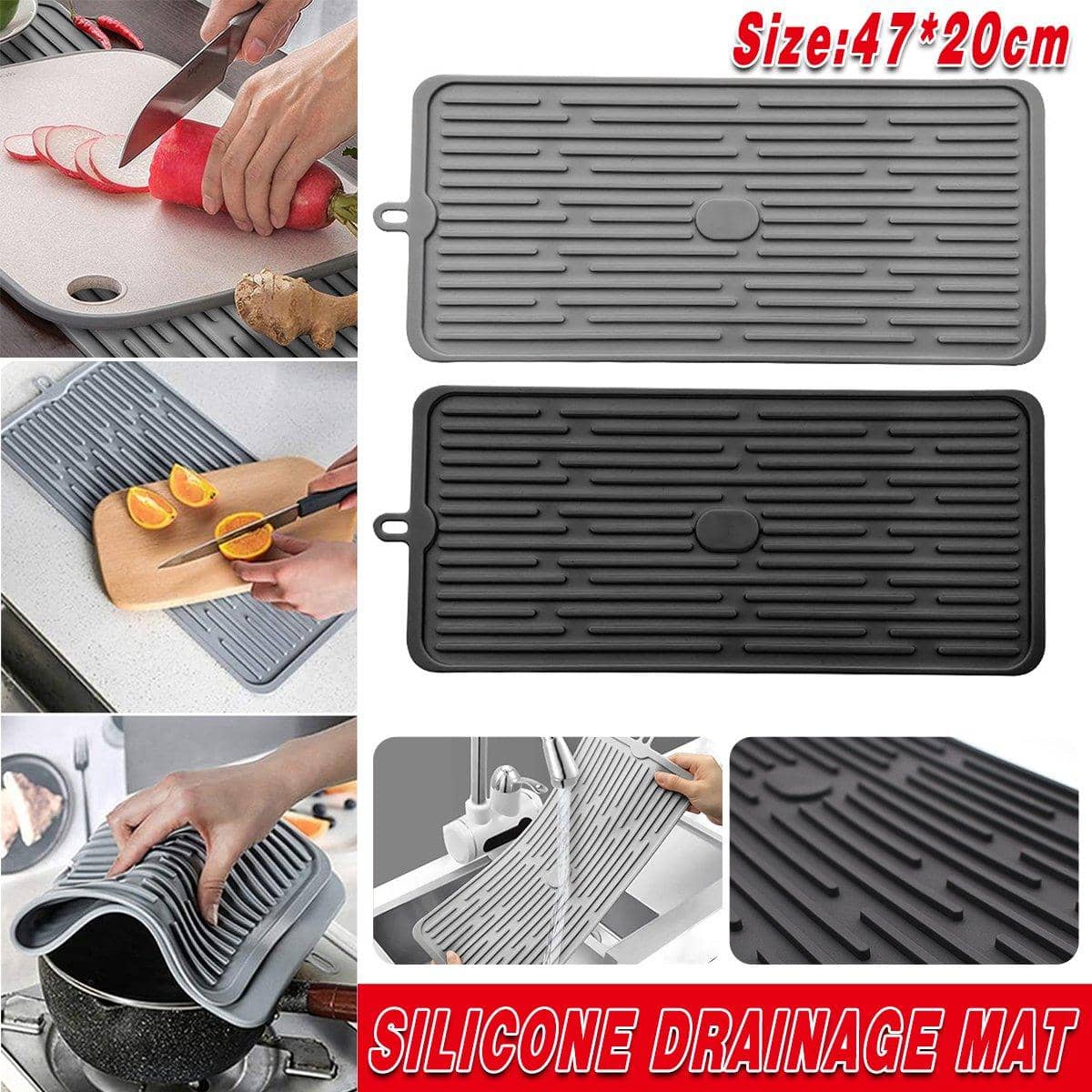 Silicone Drainage Mat, Non-Slip Dish Drying Pad - Grey - view 2