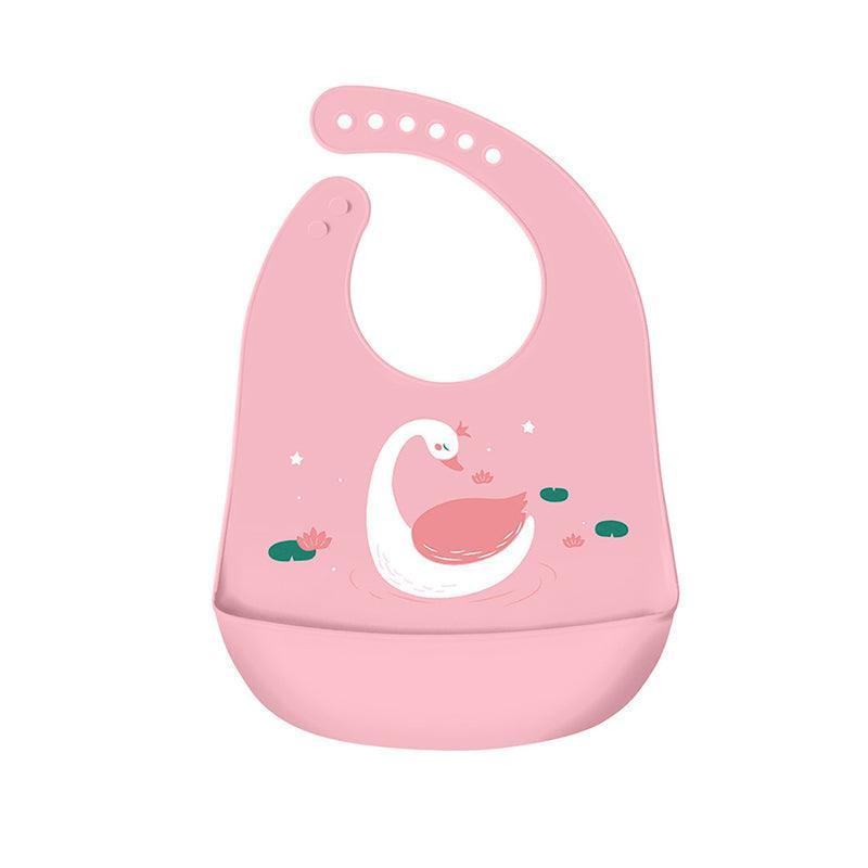 Silicone Feeding Bib with Food Catcher Pocket, Waterproof - Pink Swan
