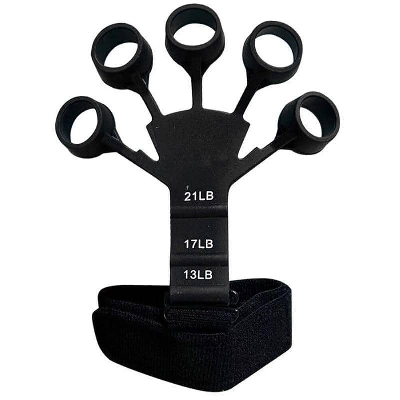 Silicone Finger Strength Exerciser with Wrist Strap - Black, Five Finger Rings, 21 lb