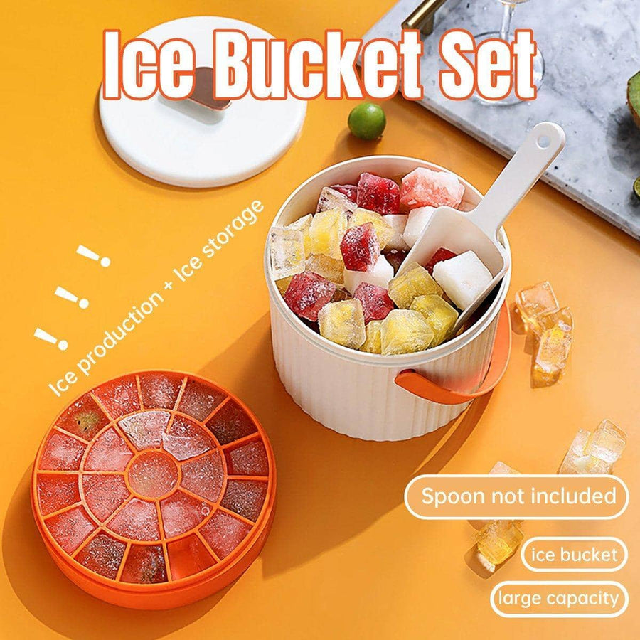 Silicone Ice Cube Mould Tray with Storage Bucket and Lid, Orange and White