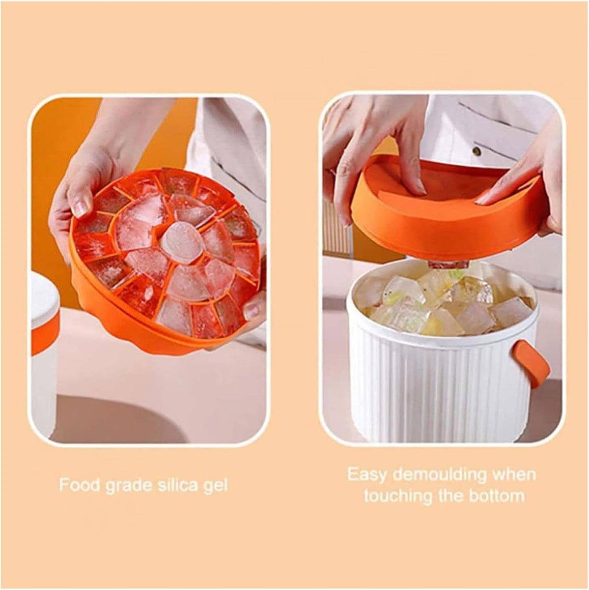 Silicone Ice Cube Mould Tray with Storage Bucket and Lid, Orange and White - view 4