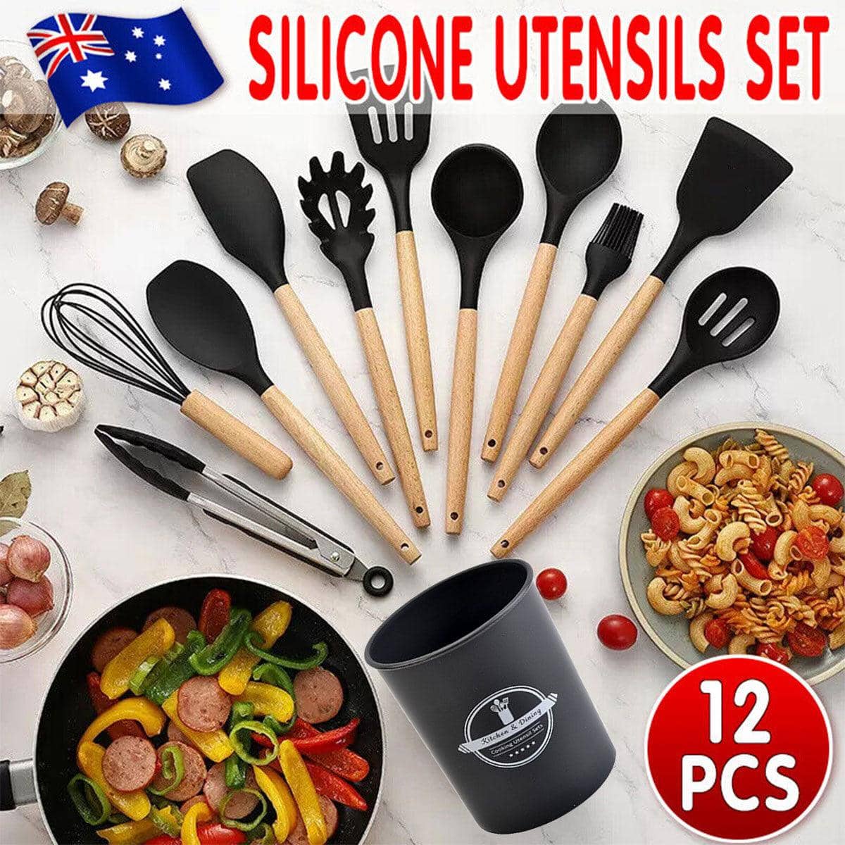 Silicone Kitchen Utensil Set with Bamboo Handles, Set of 12