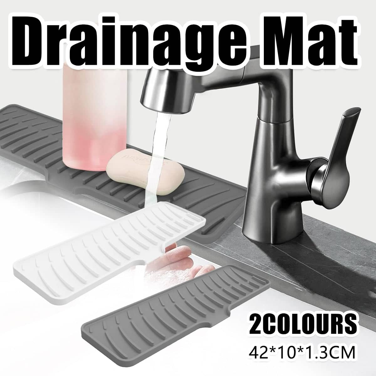 Silicone Long Sink Drain Mat, 42 x 10 x 1.3 cm - Grey - view 2