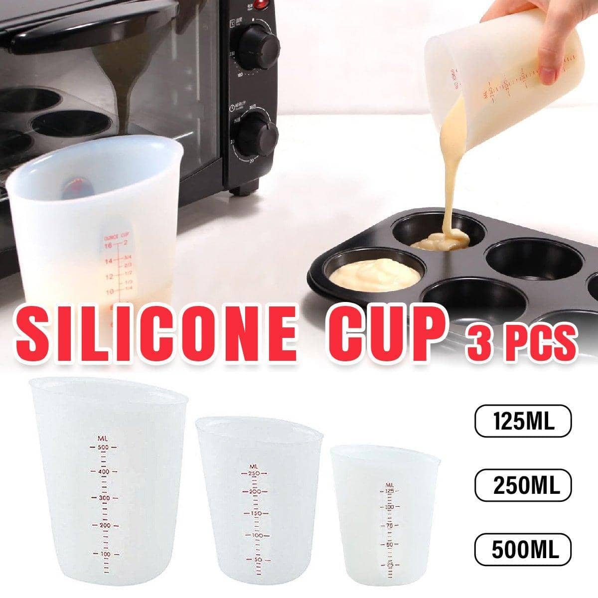 Silicone Measuring Cup Set of 3 - White, 125ml, 250ml, 500ml