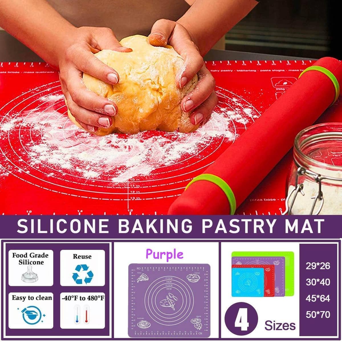 Silicone Pastry Mat, Non-Stick, Purple - 64 x 45 cm - view 2