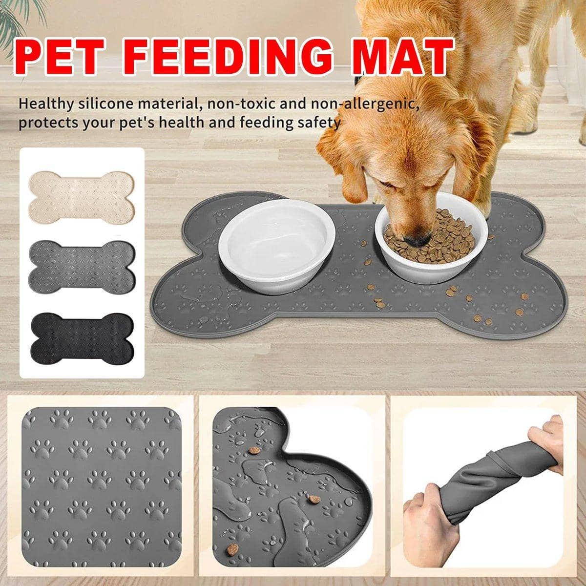 Silicone Pet Feeding Mat, Bone Shaped, Waterproof - Black - view 2