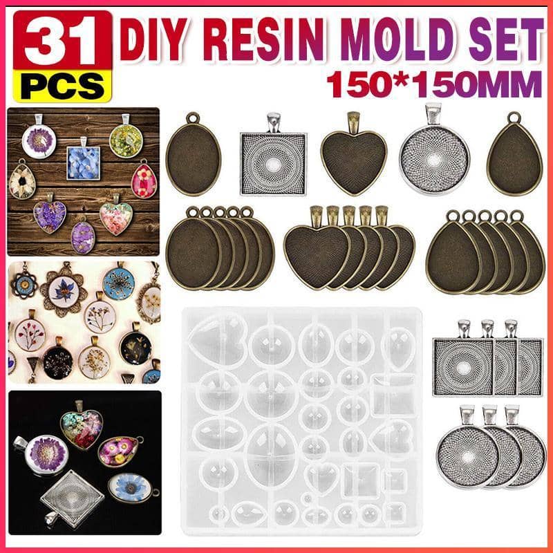 Silicone Resin Mould Jewellery Casting Epoxy Pendant Tray Craft Kit, Set of 31