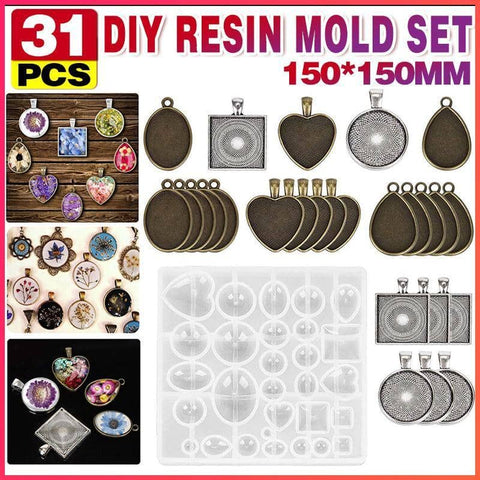 Silicone Resin Mould Jewellery Casting Epoxy Pendant Tray Craft Kit, Set of 31