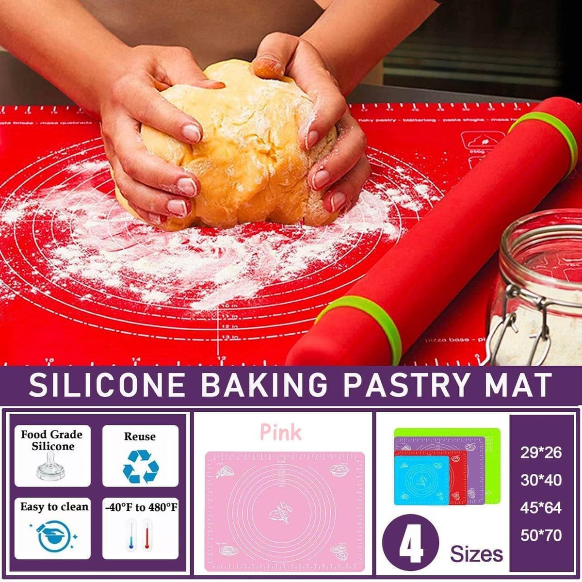 Silicone Rolling Dough Mat, Non-Stick Pastry Baking Mat - Pink, 64 x 45 cm - view 2