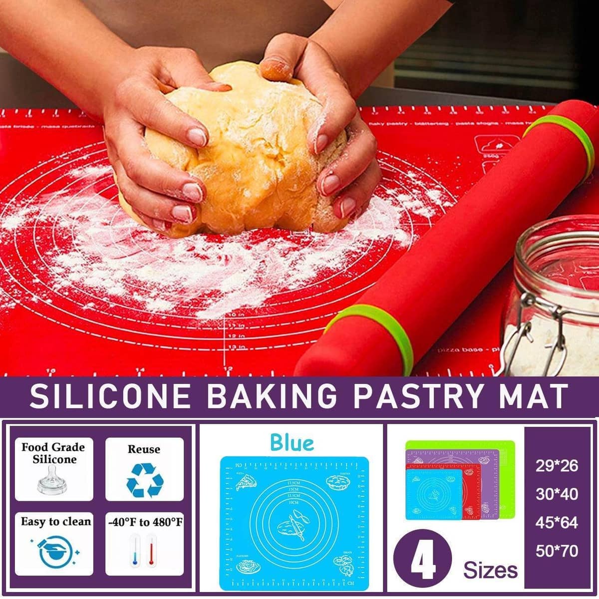Silicone Rolling Dough Mat, Non-Stick Pastry Sheet - Blue, 29 x 26cm - view 2