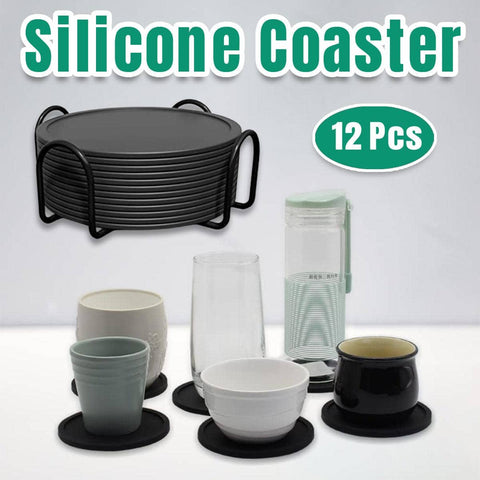 Silicone Round Coasters with Metal Holder - Black, Set of 12