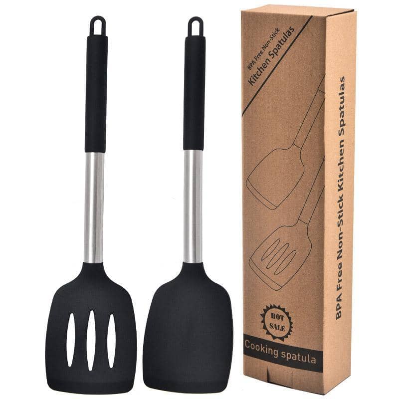 Silicone Spatula Turner Set for Non-Stick Cookware - Black, Set of 2