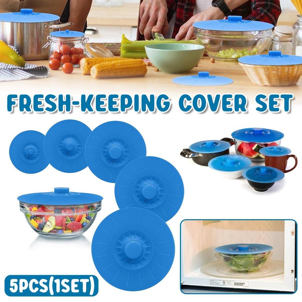 Silicone Stretch Food Covers Set of 5, Reusable Crisper Lids - Blue