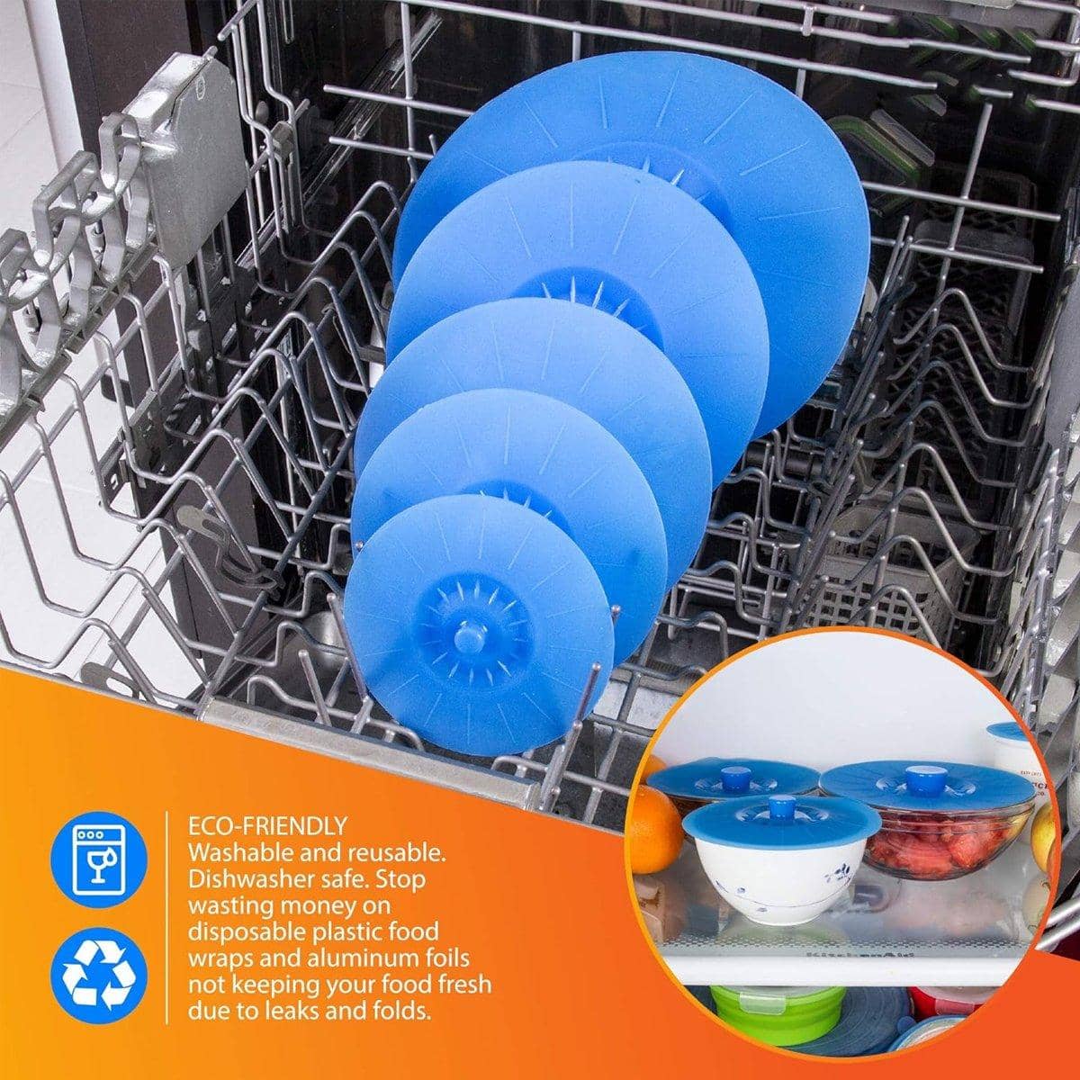 Silicone Stretch Food Covers Set of 5, Reusable Crisper Lids - Blue - view 5
