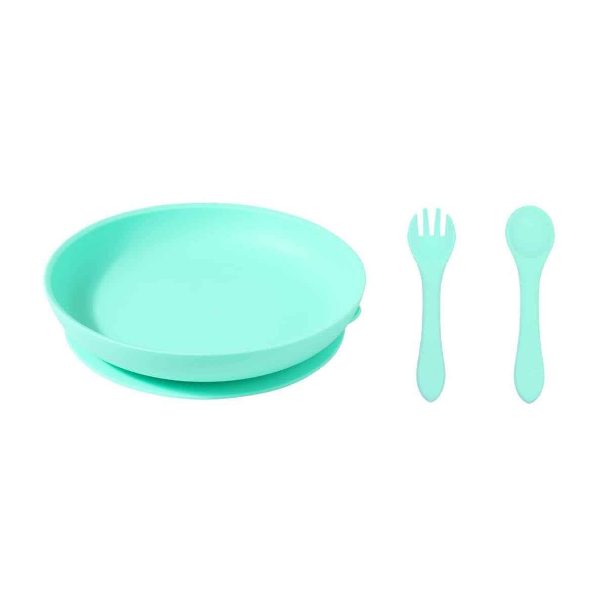 Silicone Suction Dining Plate with Fork and Spoon Set - Cyan