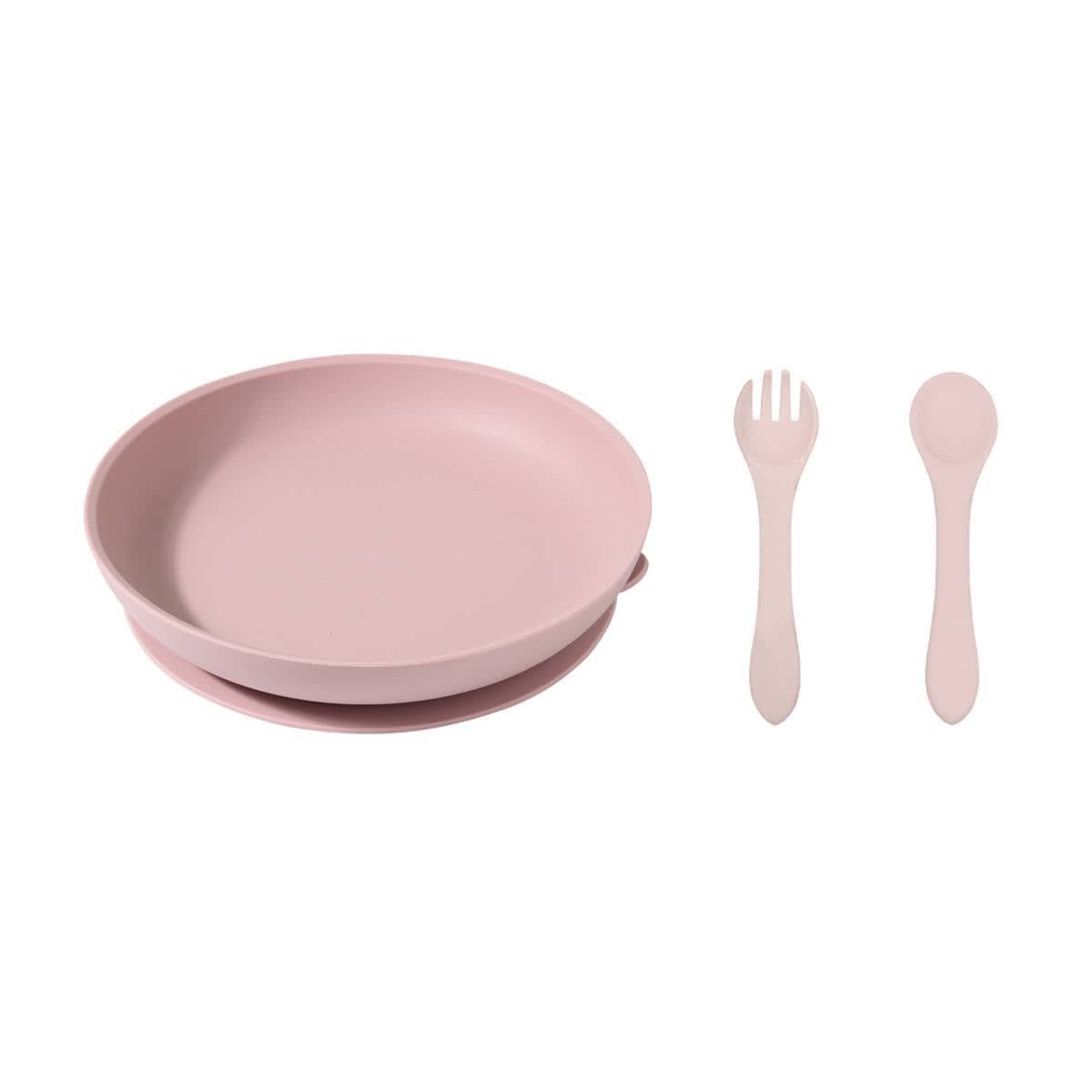 Silicone Suction Dining Plate with Fork and Spoon Set - Deep Pink