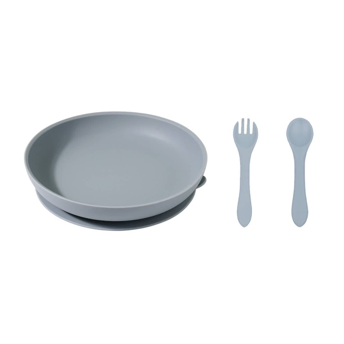 Silicone Suction Dining Plate with Fork and Spoon Set - Navy Blue