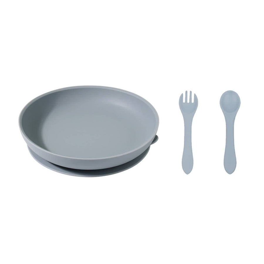 Silicone Suction Dining Plate with Fork and Spoon Set - Navy Blue