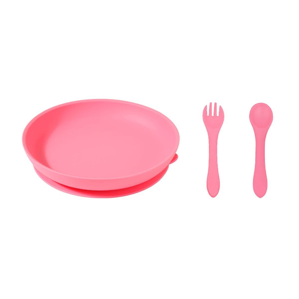 Silicone Suction Dining Plate with Fork and Spoon Set - Pink