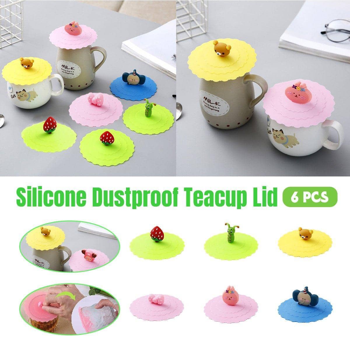 Silicone Tea Cup Lids with Moulded Figure Toppers, Pack of 6