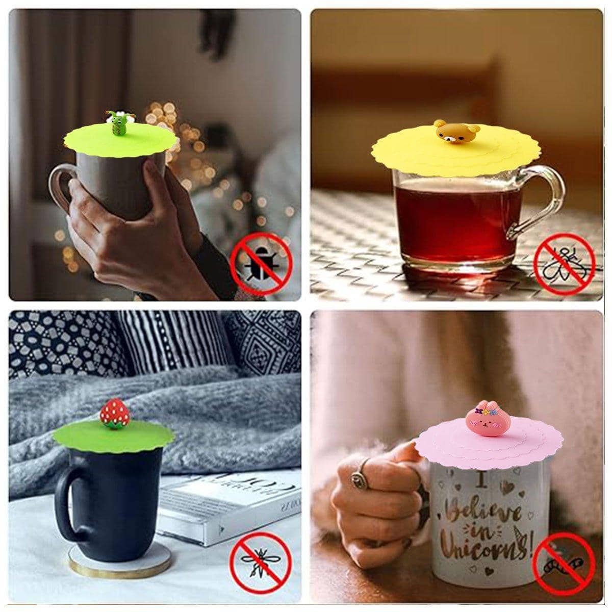 Silicone Tea Cup Lids with Moulded Figure Toppers, Pack of 6 - view 4