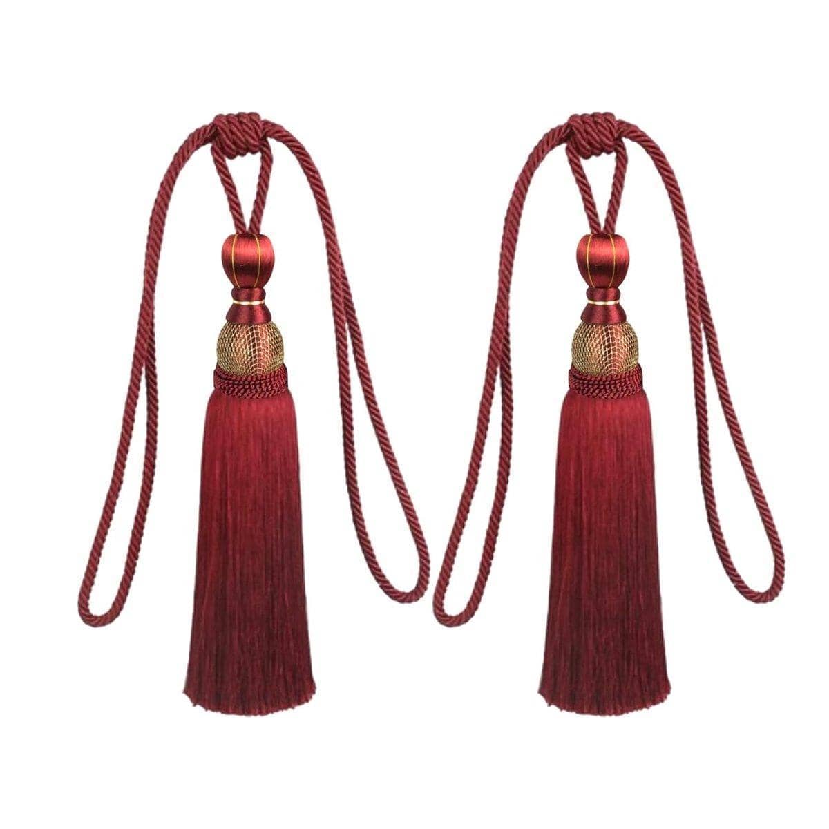 Silk-Like Tassel Curtain Tiebacks with Rope Loop, 1 Pair - Burgundy