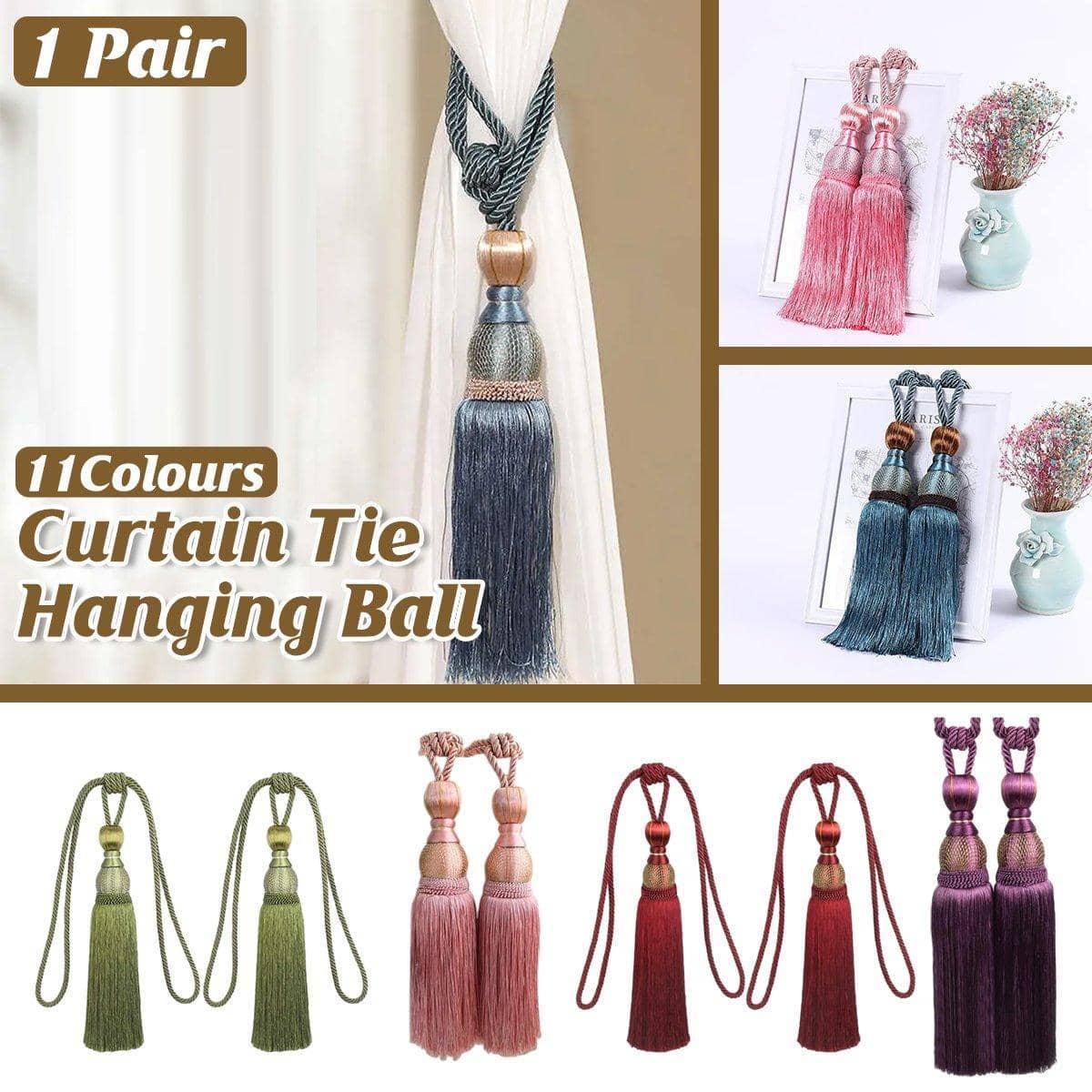 Silk-Like Tassel Curtain Tiebacks with Rope Loop, 1 Pair - Grey - view 2