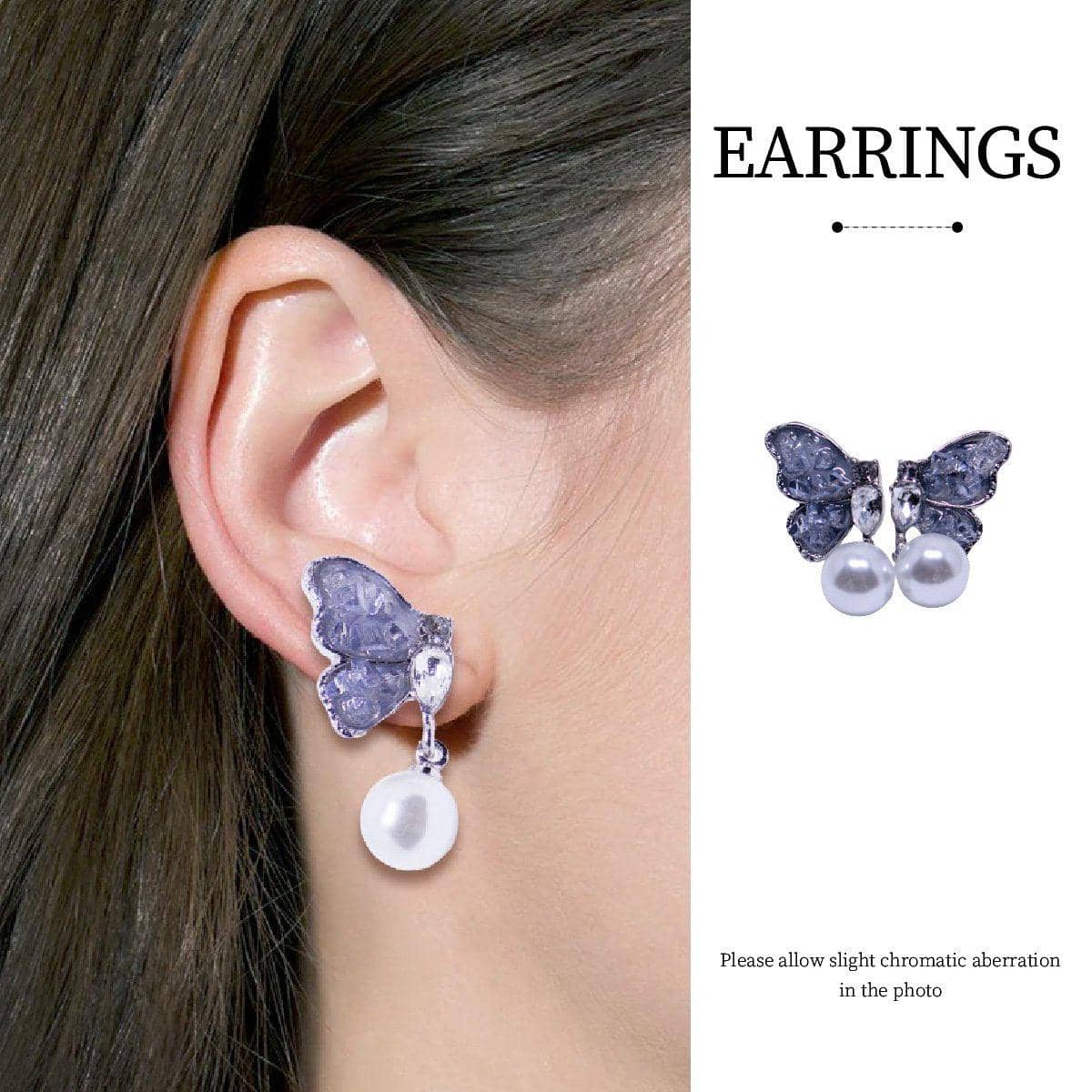 Silver Butterfly Stud Earrings with Pearl Drop for Women